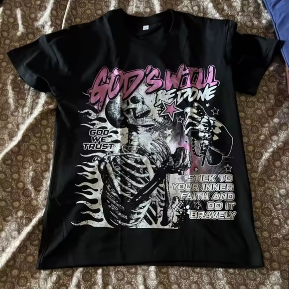 & Other Stories Black Tee with Pink and White Skeleton Graphic - Picture 1 of 2